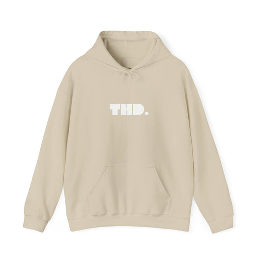 "THD." Graphic Hoodie — Streetwear Black Pullover with Bold Back Illustration