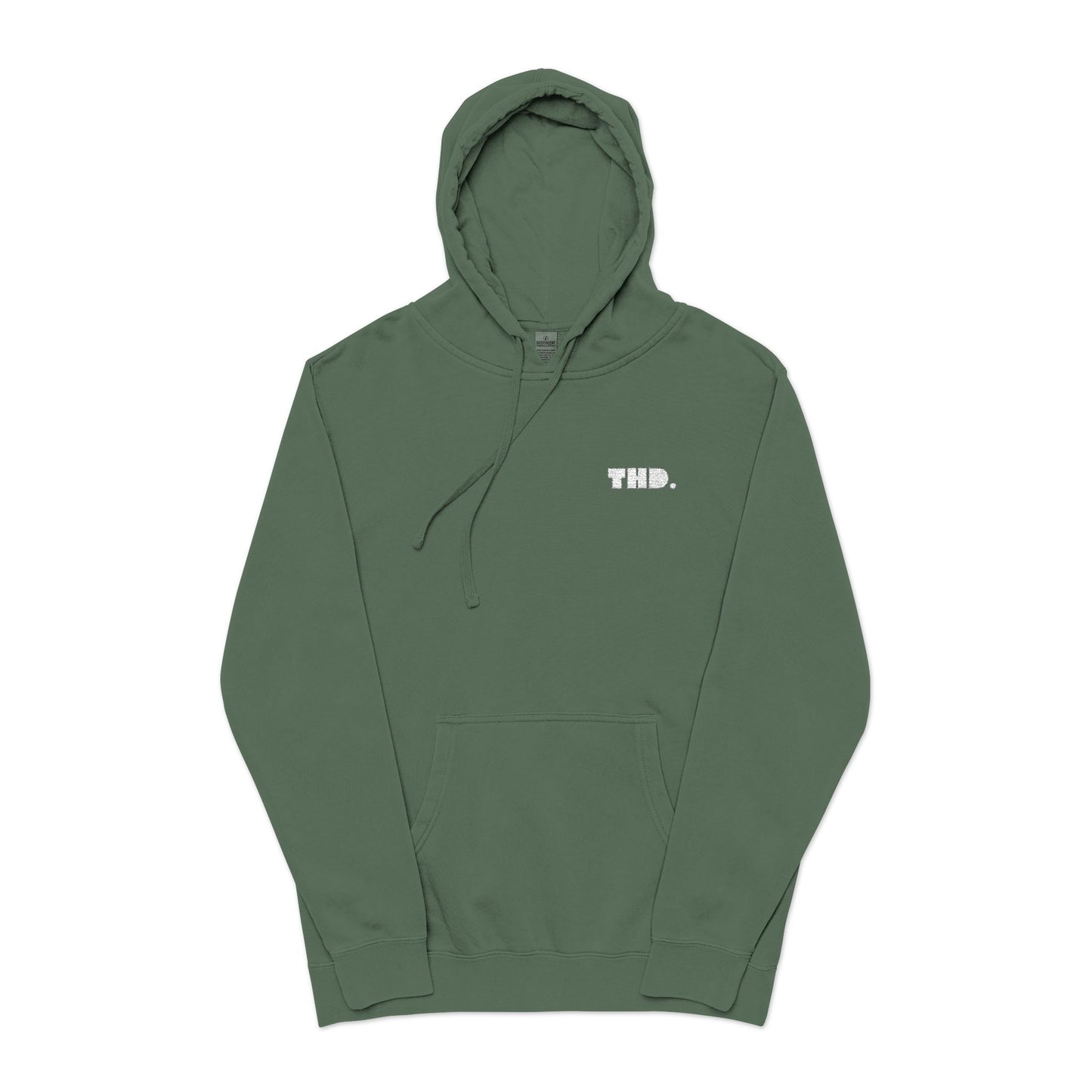 Olive Green Pigment-Dyed Hoodie with Small White 'THD.'