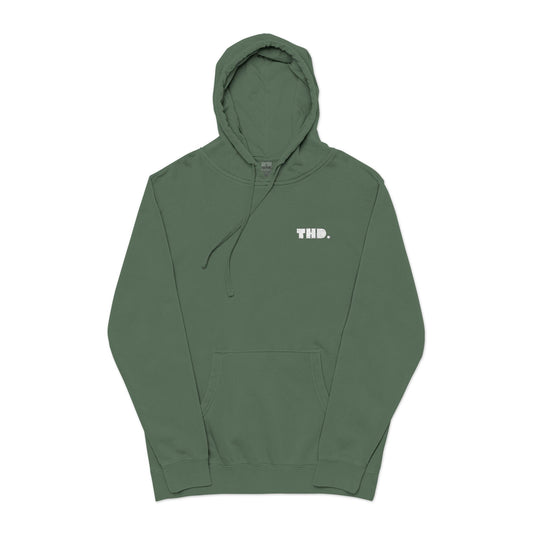 Olive Green Pigment-Dyed Hoodie with Small White 'THD.'