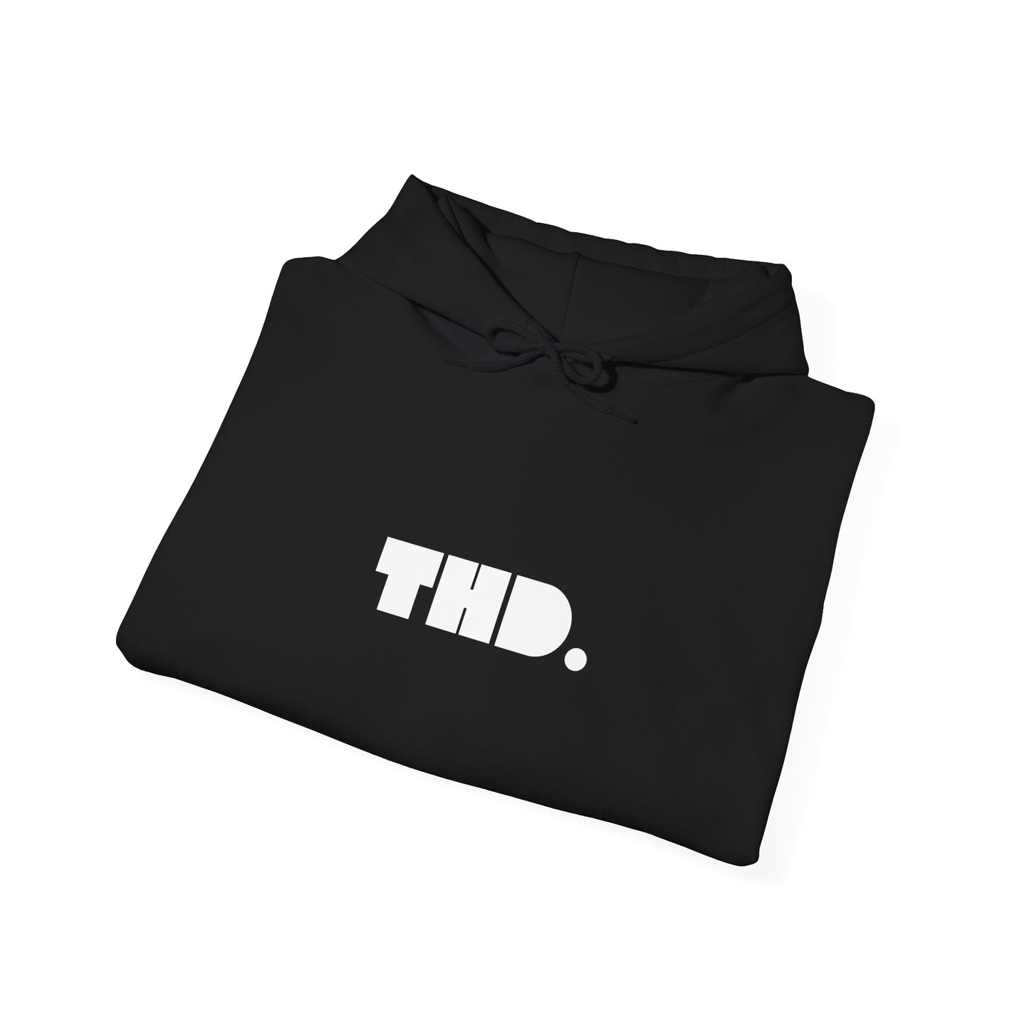 "THD." Graphic Hoodie — Streetwear Black Pullover with Bold Back Illustration