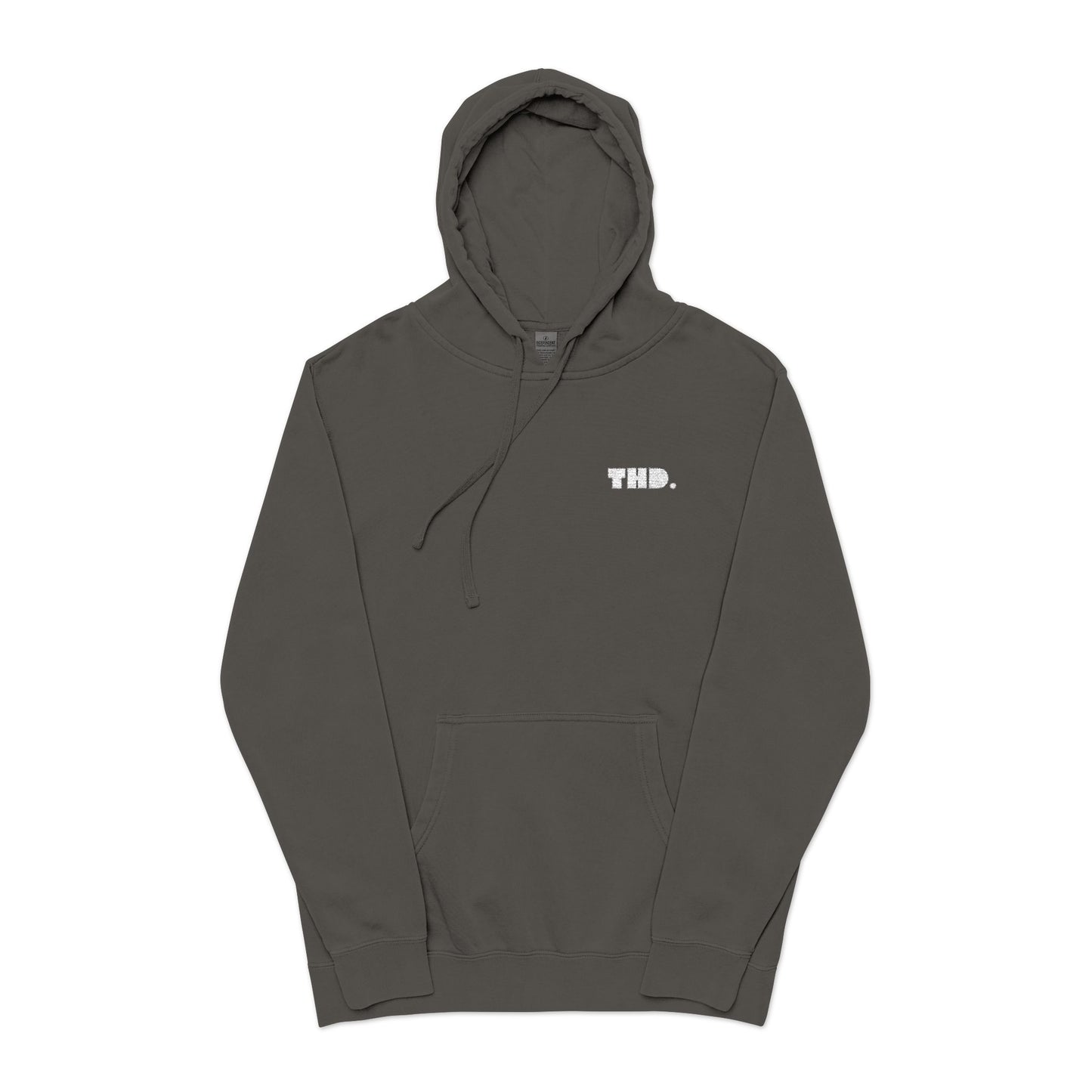 Olive Green Pigment-Dyed Hoodie with Small White 'THD.'
