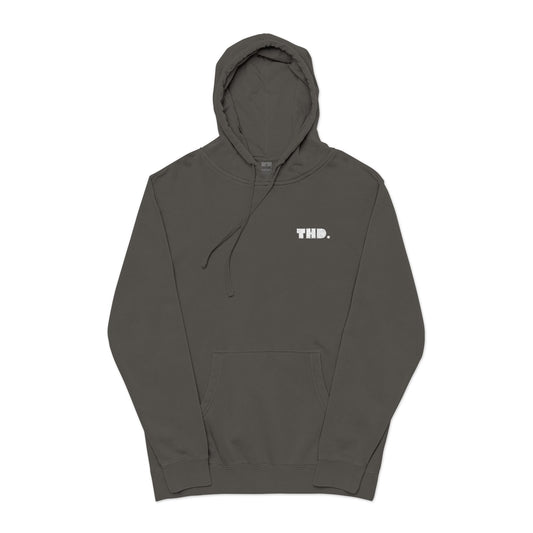 Olive Green Pigment-Dyed Hoodie with Small White 'THD.'