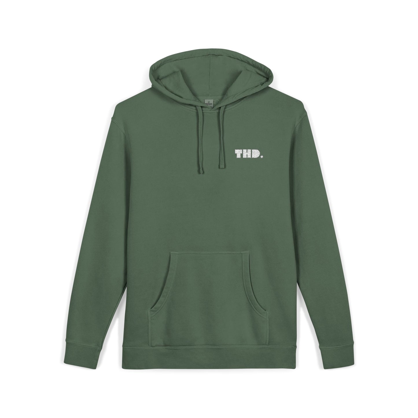 Olive Green Pigment-Dyed Hoodie with Small White 'THD.'