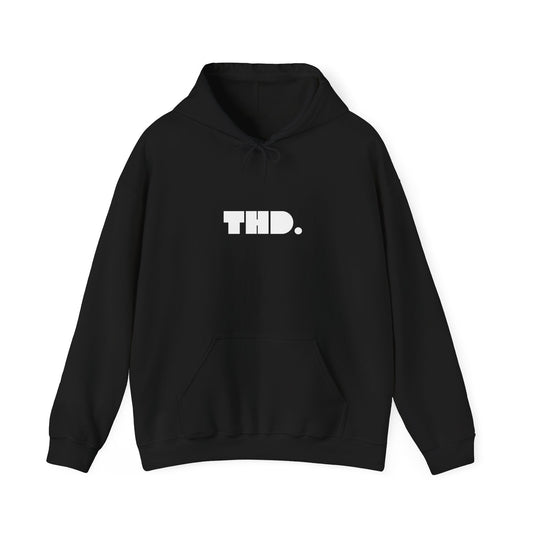 "THD." Graphic Hoodie — Streetwear Black Pullover with Bold Back Illustration